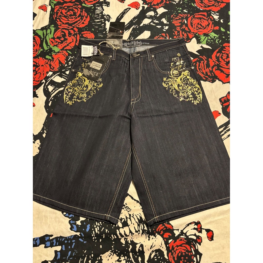 Urban Label Mens Baggy Denim Shorts Indigo Gold Foil Y2K Skater ULD-17SHB  34